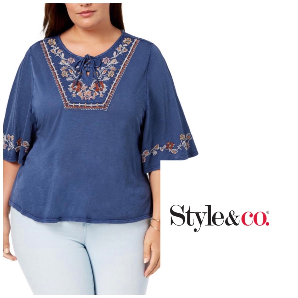 NWT Style & Co. Western Blue Peasant Top